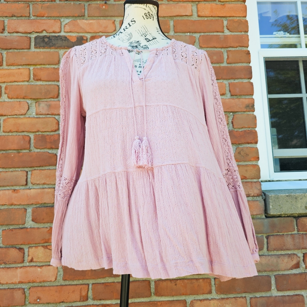 Lucky Brand Dusty Pink Boho Lace Peasant Blouse – XS (S/M Fit)